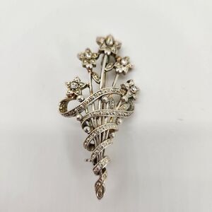 Lg Flower Bouquet Brooch Pin Silver Tone Rhinestone Lind VTG Costume Jewelry